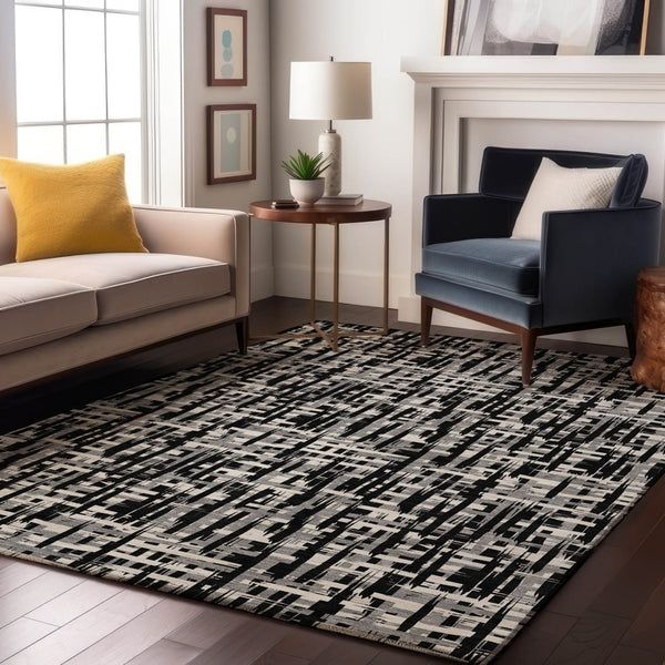 HomeRoots 9' X 12' Modern Black Ivory Gray Abstract Geometric Washable Area Rug with UV Protection & Comfort 682954