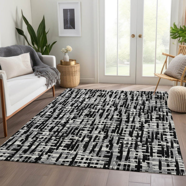HomeRoots 9' X 12' Modern Black Ivory Gray Abstract Geometric Washable Area Rug with UV Protection & Comfort 682954