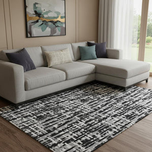 HomeRoots 10' X 14' Stunning Black Ivory Gray Geometric Washable Area Rug with UV Protection & Stain Resistance 682955