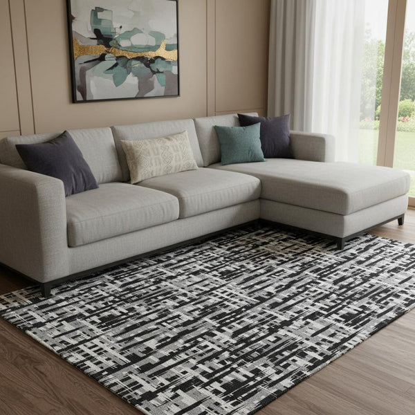HomeRoots 10' X 14' Stunning Black Ivory Gray Geometric Washable Area Rug with UV Protection & Stain Resistance 682955