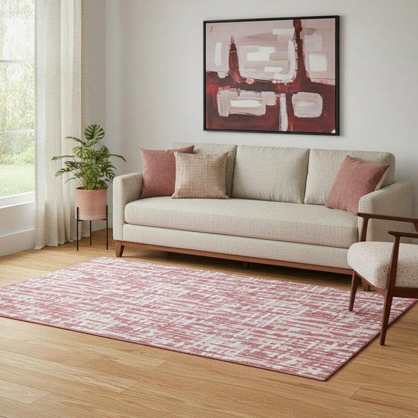 HomeRoots 5' X 8' Blush Pink & Ivory Geometric Area Rug - Washable, UV Protected, Stylish & Durable Design 682957