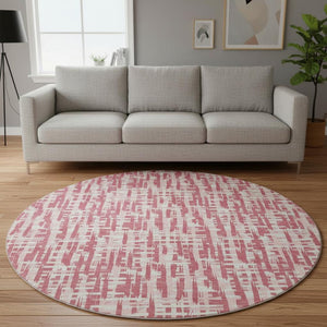 HomeRoots 8' Blush Pink & Ivory Abstract Geometric Round Rug - Washable, UV Protected, Stain Resistant Charm 682958
