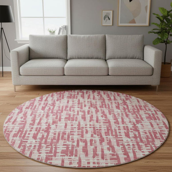 HomeRoots 8' Blush Pink & Ivory Abstract Geometric Round Rug - Washable, UV Protected, Stain Resistant Charm 682958