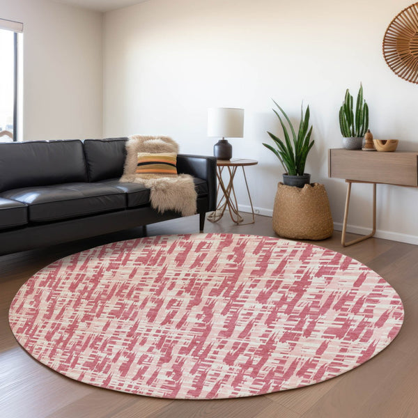 HomeRoots 8' Blush Pink & Ivory Abstract Geometric Round Rug - Washable, UV Protected, Stain Resistant Charm 682958