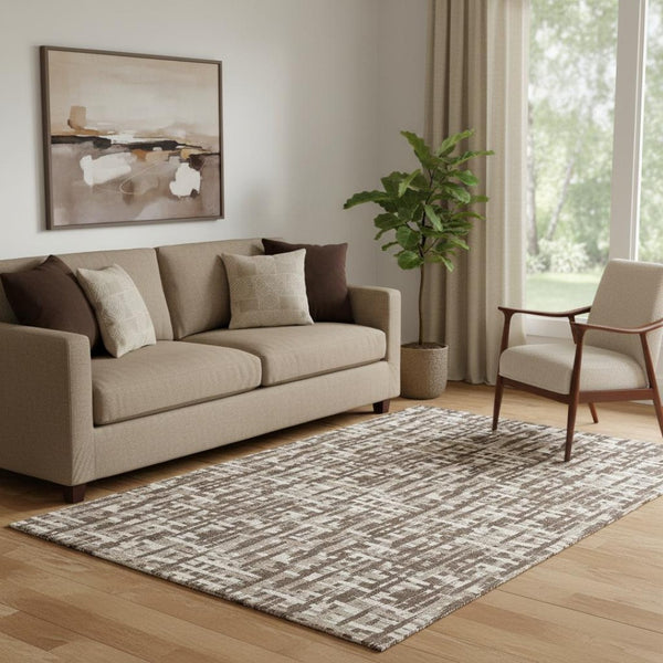 HomeRoots 5' X 8' Abstract Geometric Area Rug in Brown, Beige & Ivory - Washable, UV-Protected & Stain-Resistant 682963