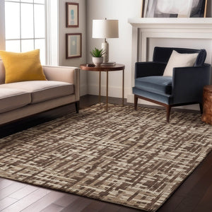 HomeRoots 5' X 8' Abstract Geometric Area Rug in Brown, Beige & Ivory - Washable, UV-Protected & Stain-Resistant 682963