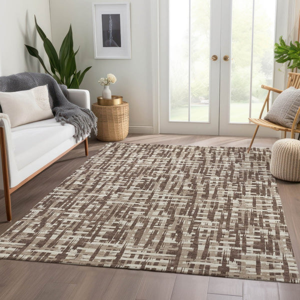 HomeRoots 5' X 8' Abstract Geometric Area Rug in Brown, Beige & Ivory - Washable, UV-Protected & Stain-Resistant 682963