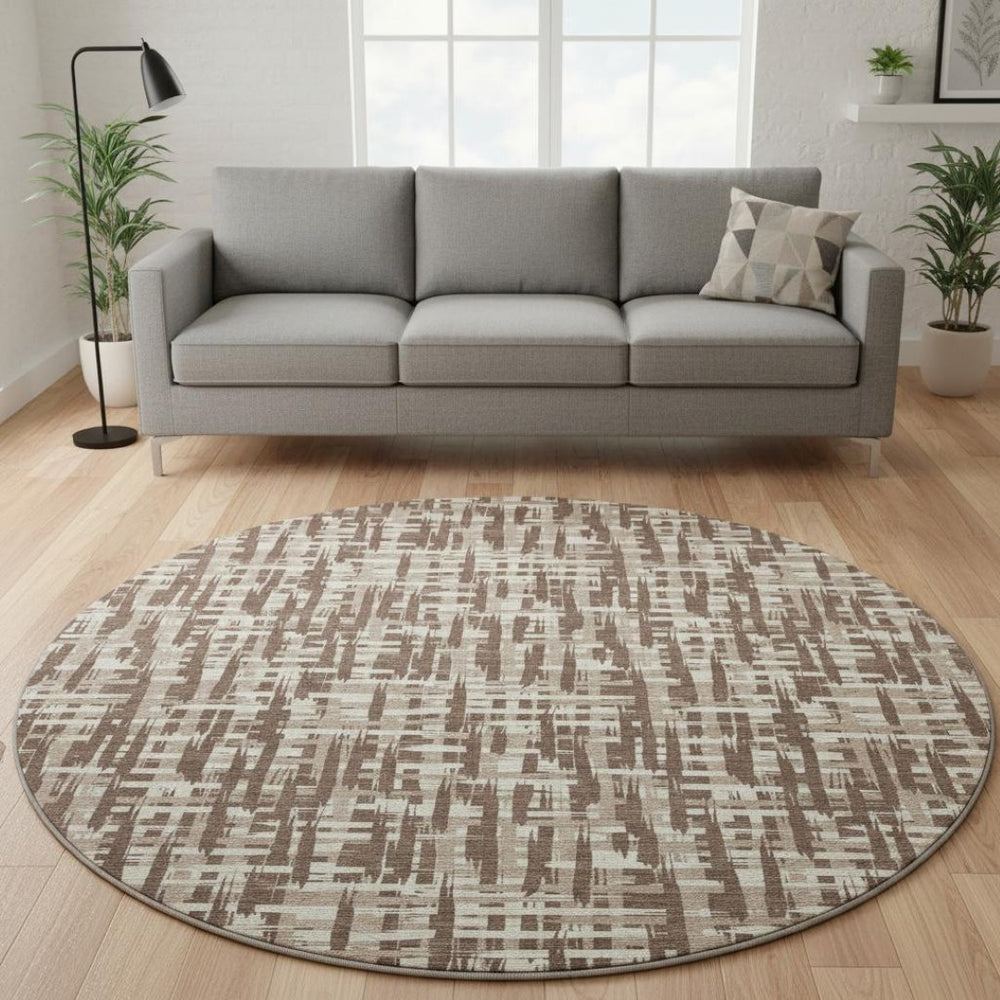 HomeRoots 8' Brown Beige Ivory Abstract Geometric Round Rug - Washable, UV Protected, Ideal for Family Living 682964