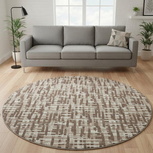HomeRoots 8' Brown Beige Ivory Abstract Geometric Round Rug - Washable, UV Protected, Ideal for Family Living 682964