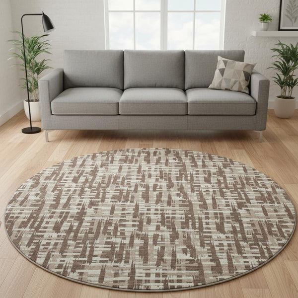 HomeRoots 8' Brown Beige Ivory Abstract Geometric Round Rug - Washable, UV Protected, Ideal for Family Living 682964