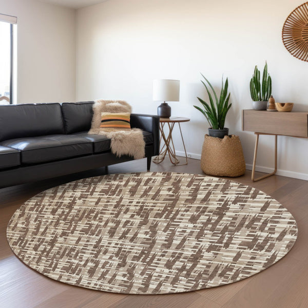 HomeRoots 8' Brown Beige Ivory Abstract Geometric Round Rug - Washable, UV Protected, Ideal for Family Living 682964