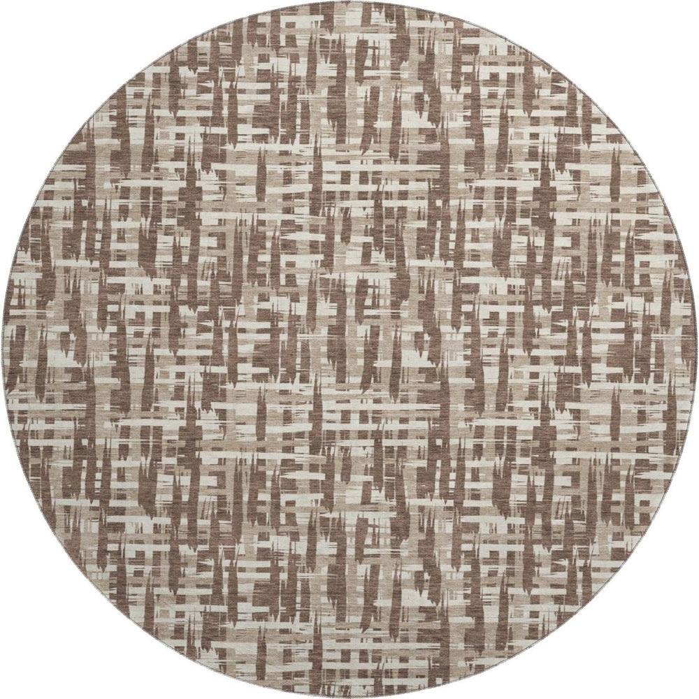 HomeRoots 8' Brown Beige Ivory Abstract Geometric Round Rug - Washable, UV Protected, Ideal for Family Living 682964