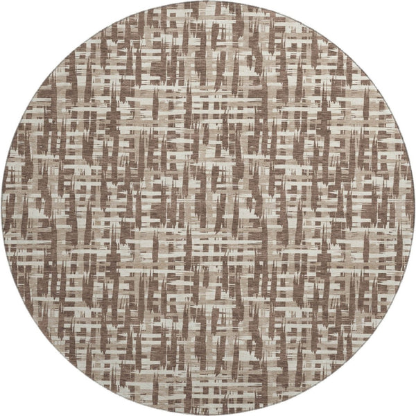 HomeRoots 8' Brown Beige Ivory Abstract Geometric Round Rug - Washable, UV Protected, Ideal for Family Living 682964