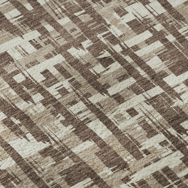 HomeRoots 8' Brown Beige Ivory Abstract Geometric Round Rug - Washable, UV Protected, Ideal for Family Living 682964