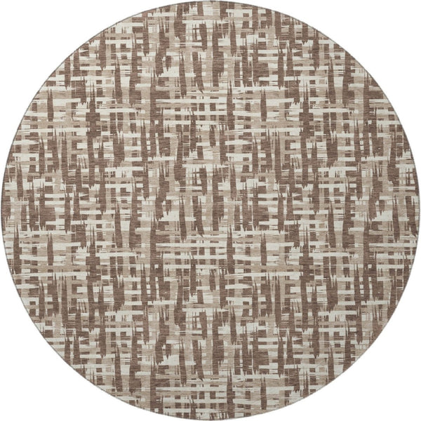 HomeRoots 8' Brown Beige Ivory Abstract Geometric Round Rug - Washable, UV Protected, Ideal for Family Living 682964