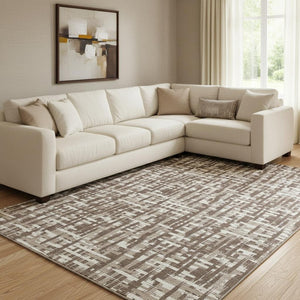 HomeRoots 8' X 10' Washable Abstract Geometric Area Rug in Brown, Beige & Ivory - UV Protected & Stain Resistant 682965
