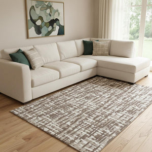 HomeRoots 10' Abstract Geometric Area Rug in Brown Beige Ivory - Washable, UV-Protected, Stain-Resistant Design 682967
