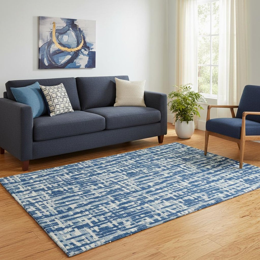 HomeRoots 5' X 8' Modern Blue Denim and Ivory Abstract Geometric Area Rug - Washable, UV Protected, Stylish! 682969