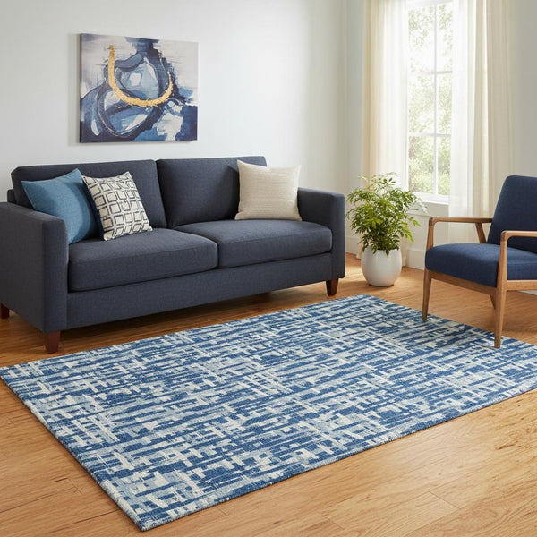 HomeRoots 5' X 8' Modern Blue Denim and Ivory Abstract Geometric Area Rug - Washable, UV Protected, Stylish! 682969
