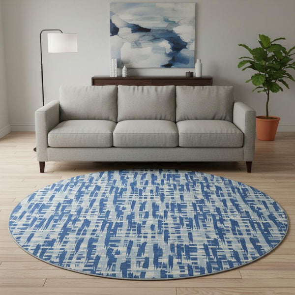HomeRoots 8' Blue Denim Round Rug - Abstract Geometric Design with UV Protection, Stain-Resistant & Durable! 682970