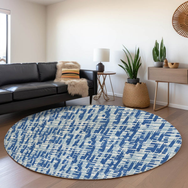 HomeRoots 8' Blue Denim Round Rug - Abstract Geometric Design with UV Protection, Stain-Resistant & Durable! 682970