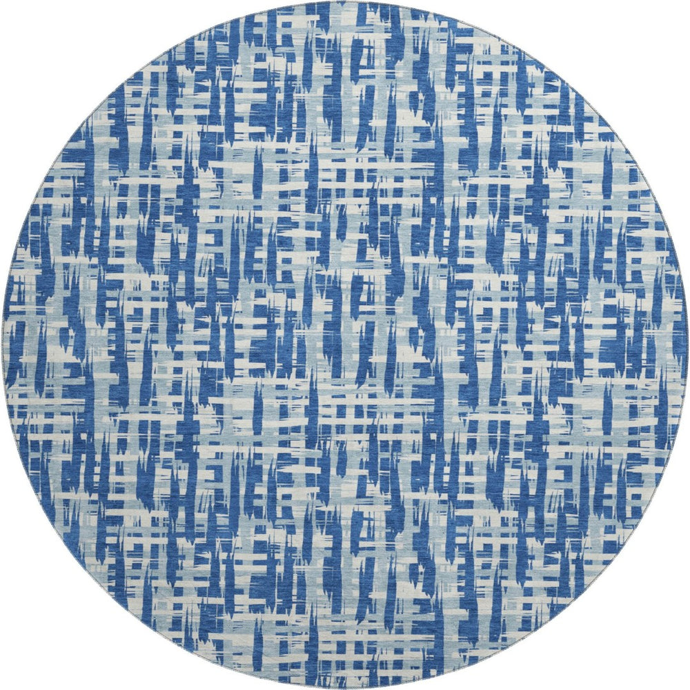 HomeRoots 8' Blue Denim Round Rug - Abstract Geometric Design with UV Protection, Stain-Resistant & Durable! 682970