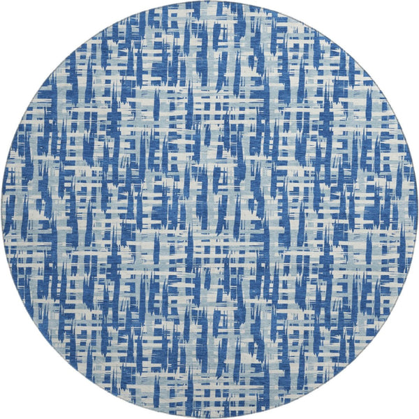 HomeRoots 8' Blue Denim Round Rug - Abstract Geometric Design with UV Protection, Stain-Resistant & Durable! 682970