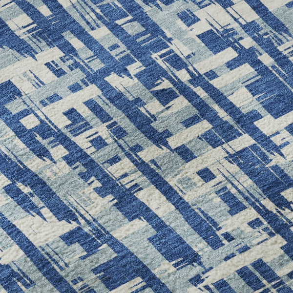 HomeRoots 8' Blue Denim Round Rug - Abstract Geometric Design with UV Protection, Stain-Resistant & Durable! 682970