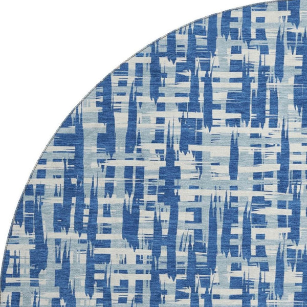 HomeRoots 8' Blue Denim Round Rug - Abstract Geometric Design with UV Protection, Stain-Resistant & Durable! 682970