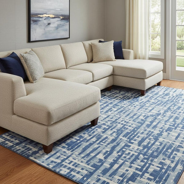 HomeRoots 10' X 14' Blue Denim Abstract Geometric Washable Area Rug with UV Protection for High Traffic Spaces 682973