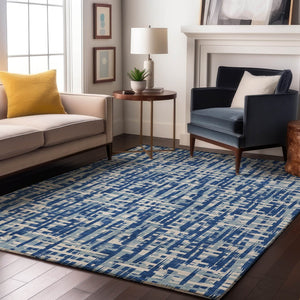 HomeRoots 10' X 14' Blue Denim Abstract Geometric Washable Area Rug with UV Protection for High Traffic Spaces 682973