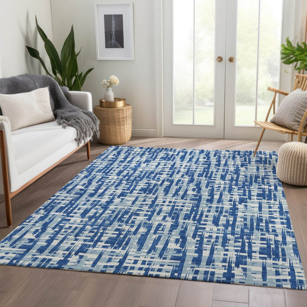 HomeRoots 10' X 14' Blue Denim Abstract Geometric Washable Area Rug with UV Protection for High Traffic Spaces 682973