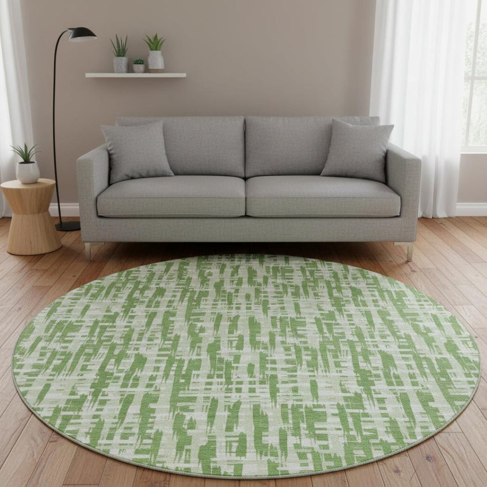 HomeRoots 8' Artichoke Green and Ivory Abstract Geometric Round Rug - Washable, UV Protected, Stain-Resistant! 682976