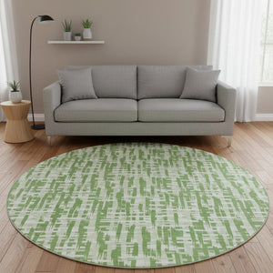 HomeRoots 8' Artichoke Green and Ivory Abstract Geometric Round Rug - Washable, UV Protected, Stain-Resistant! 682976