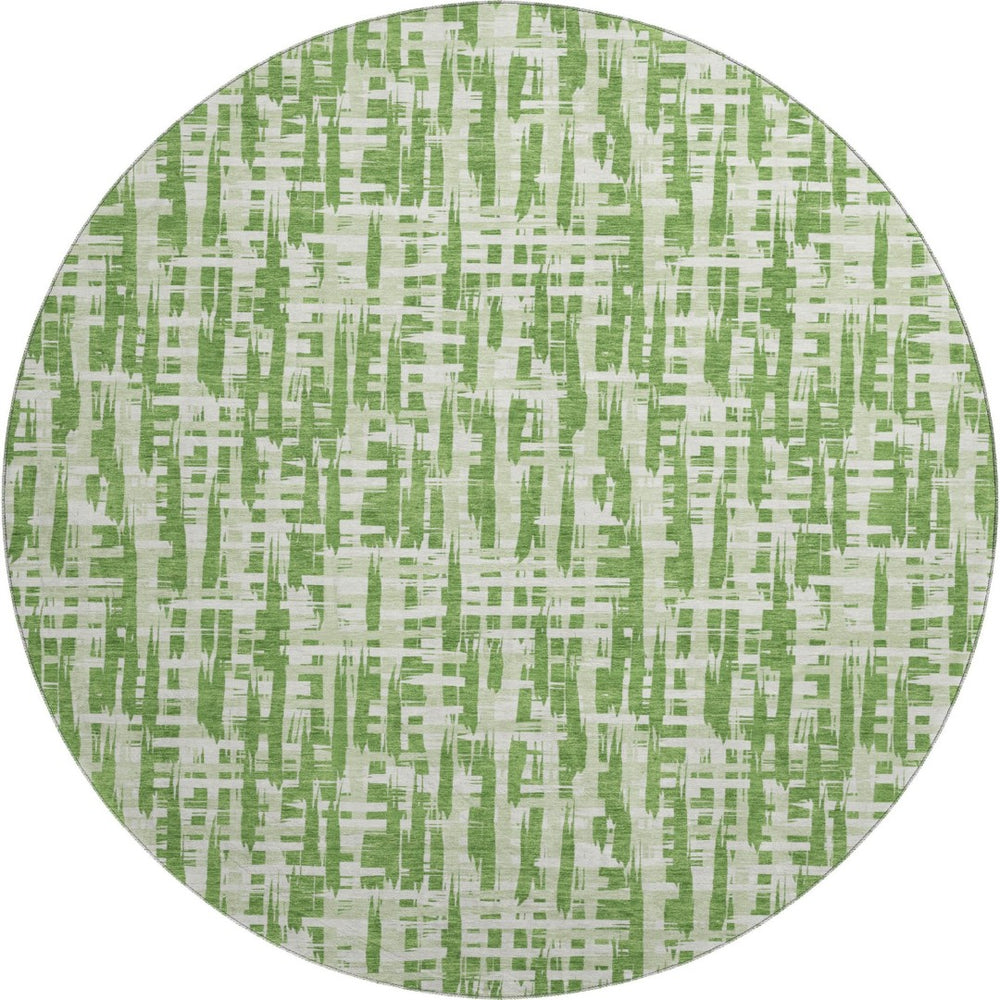HomeRoots 8' Artichoke Green and Ivory Abstract Geometric Round Rug - Washable, UV Protected, Stain-Resistant! 682976