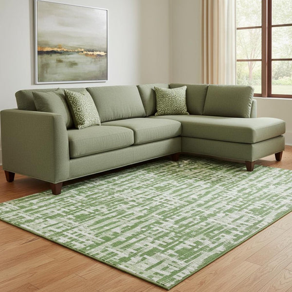 HomeRoots 8' X 10' Artichoke Green & Ivory Abstract Area Rug - Washable, UV-Protected, Easy-Care Design for Homes 682977