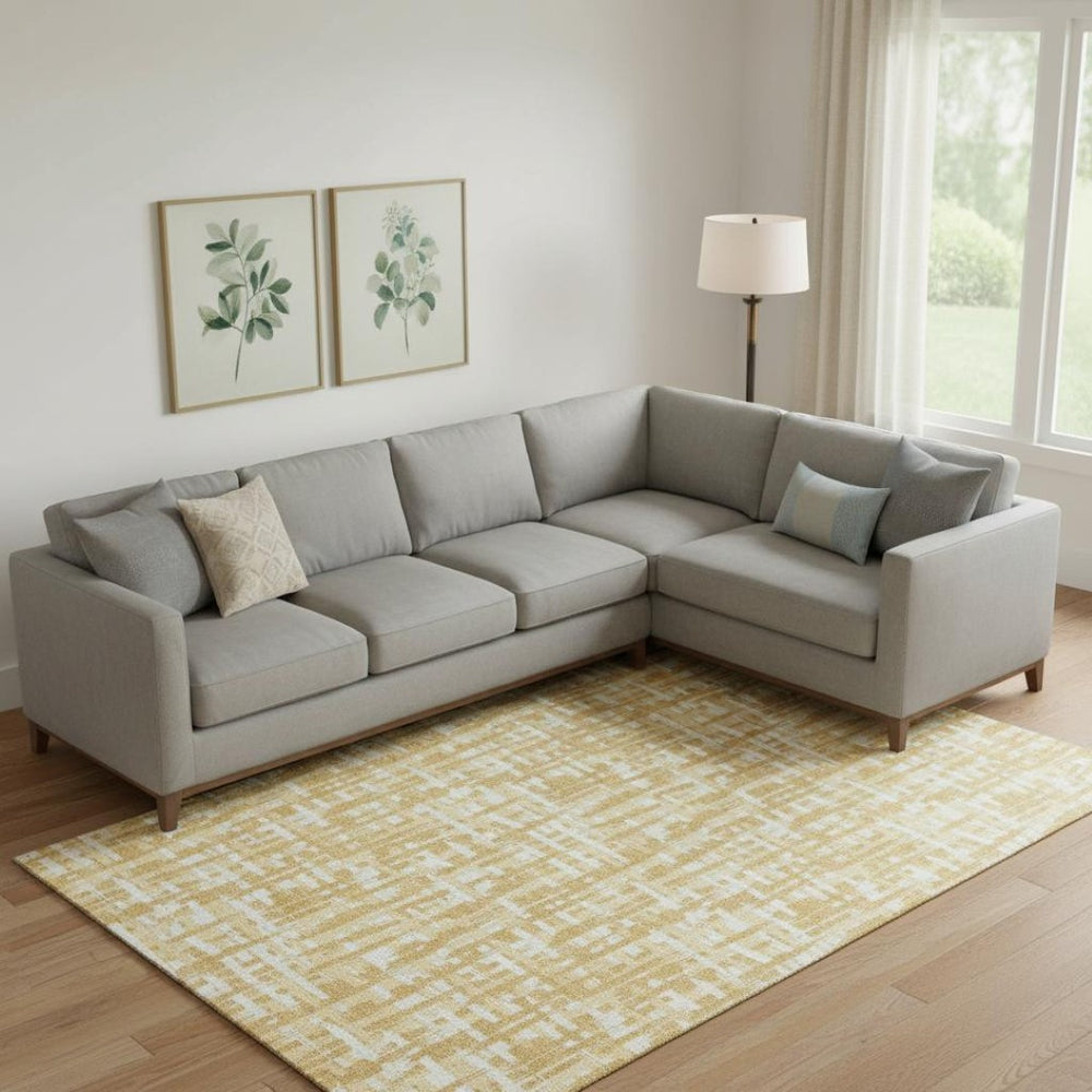 HomeRoots 9' X 12' Abstract Geometric Area Rug in Gold, Ivory, & Wheat - Washable, UV-Protected, Durable Design 682984