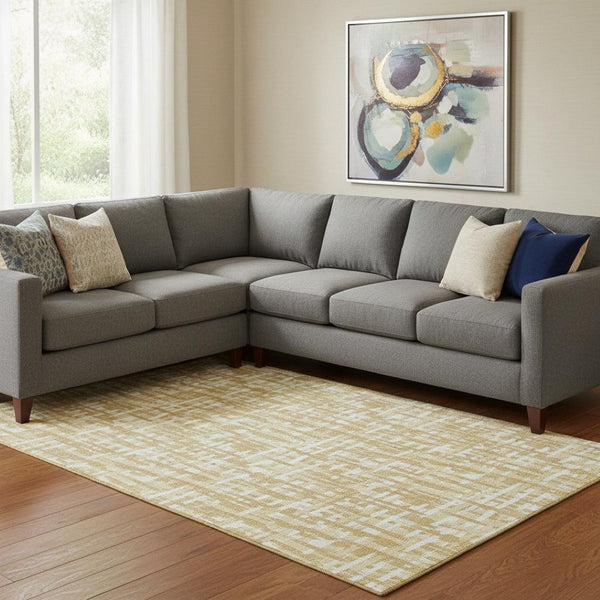 HomeRoots 10' X 14' Gold Ivory Wheat Abstract Geometric Washable Rug with UV Protection & Stain Resistance 682985
