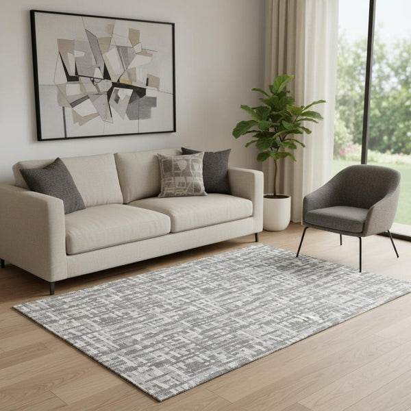 HomeRoots 5' X 8' Modern Gray Silver Ivory Abstract Geometric Area Rug - Washable, Stain Resistant & UV Protected 682987
