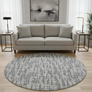HomeRoots 8' Gray Silver and Ivory Geometric Washable Round Rug with UV Protection for Modern Spaces 682988