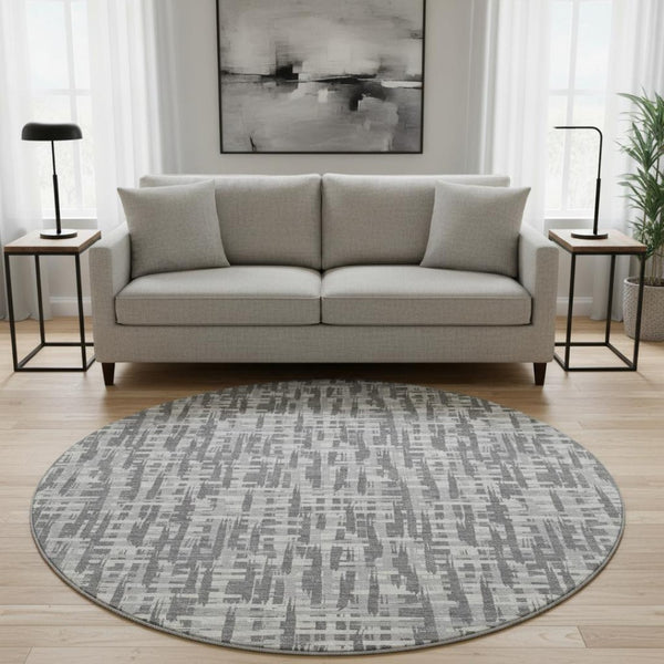 HomeRoots 8' Gray Silver and Ivory Geometric Washable Round Rug with UV Protection for Modern Spaces 682988