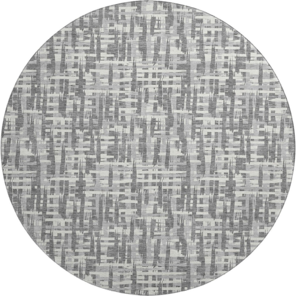 HomeRoots 8' Gray Silver and Ivory Geometric Washable Round Rug with UV Protection for Modern Spaces 682988