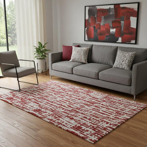 HomeRoots 5' X 8' Abstract Geometric Washable Area Rug in Red, Beige & Ivory - UV Resistant, Stain-Proof Style! 682999
