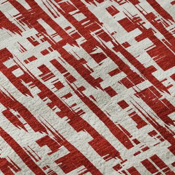 HomeRoots 5' X 8' Abstract Geometric Washable Area Rug in Red, Beige & Ivory - UV Resistant, Stain-Proof Style! 682999