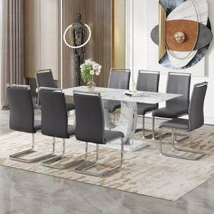 English Elm Table Modern Marble Dining Set - Elegant 71"X35.4" Table With 8 Dark Gray Pu Chairs & Metal Legs W1151S02119-GIGA