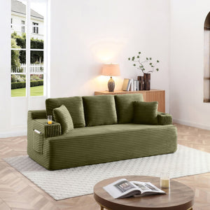 English Elm Boneless Floor Sofa Corduroy Upholstered 5 Seat Low Profile with Cup Holders for Living Room Green W1117S00434