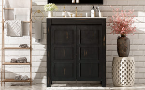 English Elm 30" Rustic Bathroom Vanity Espresso with Ceramic Sink, Soft-Close Doors, Adjustable Shelves, Open-Back Plumbing-Friendly Storage N729P290712P
