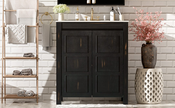 English Elm 30" Rustic Bathroom Vanity Espresso with Ceramic Sink, Soft-Close Doors, Adjustable Shelves, Open-Back Plumbing-Friendly Storage N729P290712P