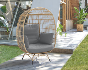 English Elm Spezia Freestanding Egg Chair with Removable Waterproof Cushions, Steel Rattan Frame for Indoors Outdoors Cream+Grey B365P397661