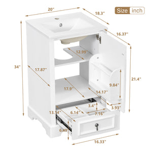 English Elm 20 Inch Bathroom Vanity with Ceramic Sink, Soft-Close Door, Adjustable Shelf, Smart Storage Organizing Design White N729P299505K